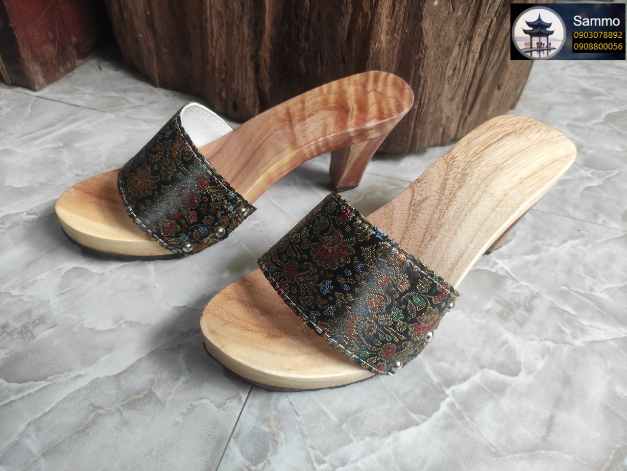 Guốc Gỗ Guốc Mộc Cao 7 Phân Quai Gấm Lụa Đủ Màu ( Có đóng thêm đế cao su )