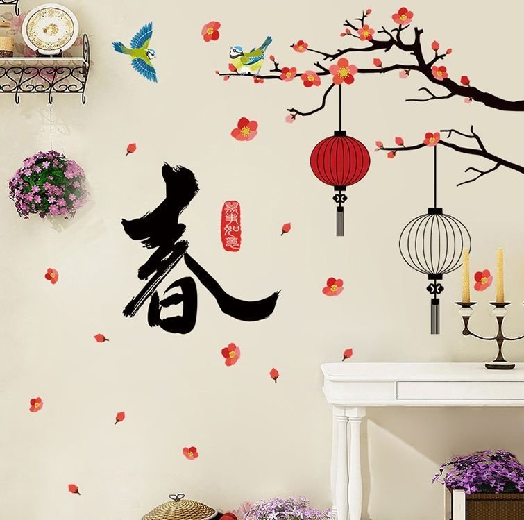 [HCM]DECAL DÁN TƯỜNG TẾT CÀNH ĐÀO TREO ĐÈN LỒNG TRẮNG ĐỎ