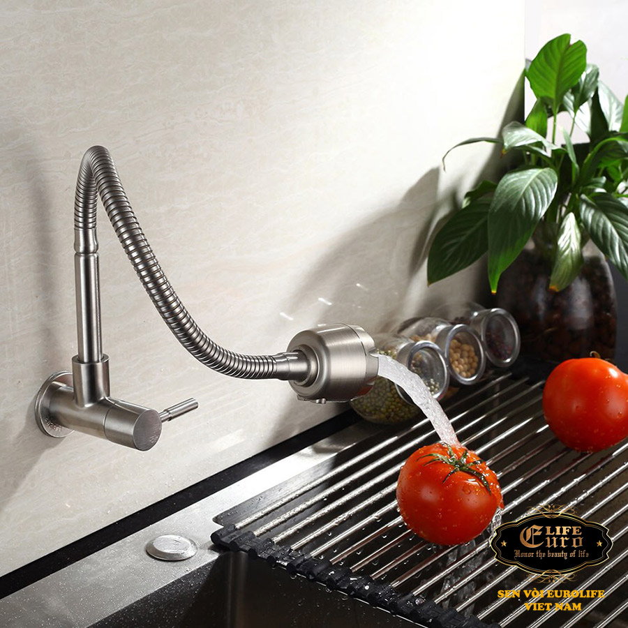 ( Có Video ) Vòi rửa chén lạnh âm tường Inox SUS 304, cần lò xo Eurolife EL-RC10 (Trắng vàng)
