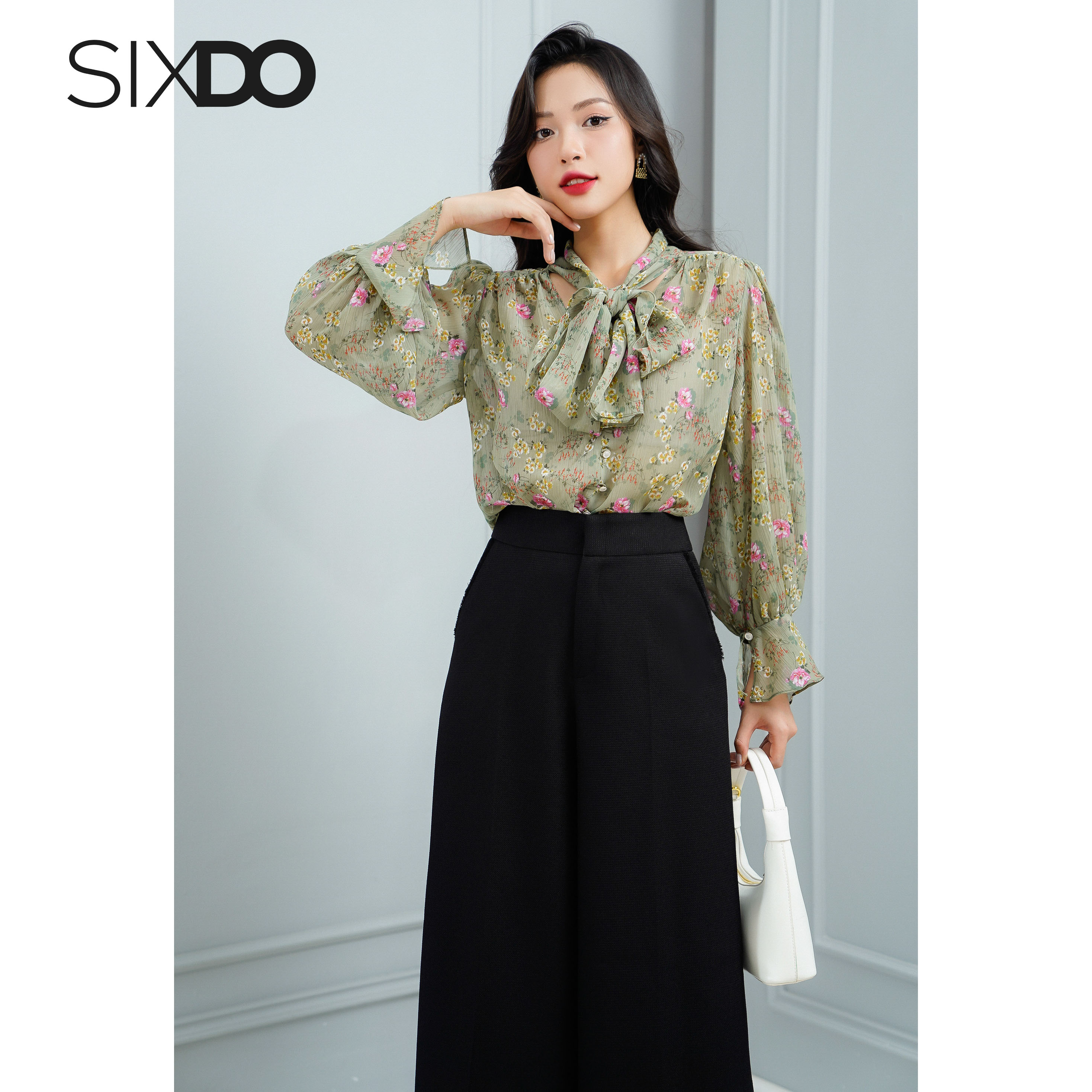 Áo sơ mi nữ voan tay phồng thời trang SIXDO (Olive Floral Voile Shirt)