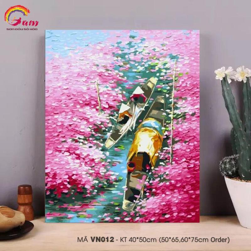 Tranh tô màu theo số sơn dầu số hóa Gam Tranh phong cảnh làng quê Việt Nam Sông hoa VN012