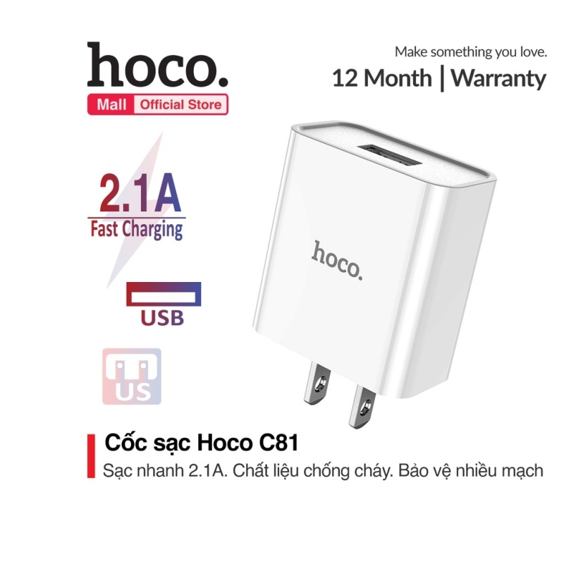 Củ sạc Hoco C81 sạc nhanh 2.1A 1 cổng sạc USB chất liệu PVC an toàn dành cho iPhone Samsung Huawei Xiaomi Oppo