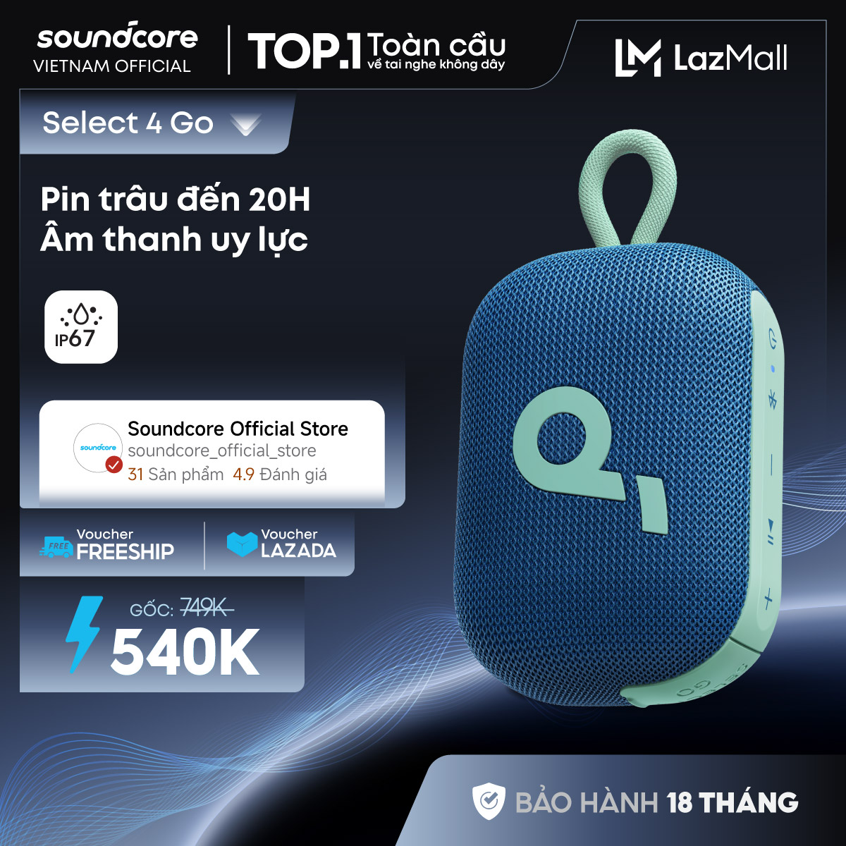Loa bluetooth soundcore Select 4 Go | Pin 20 giờ | Kháng bụi, nước IP67