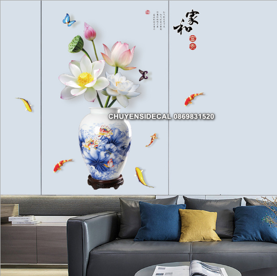 [HCM]Decal trang trí tường - Chậu Hoa Sen Trắng 3D cao cấp