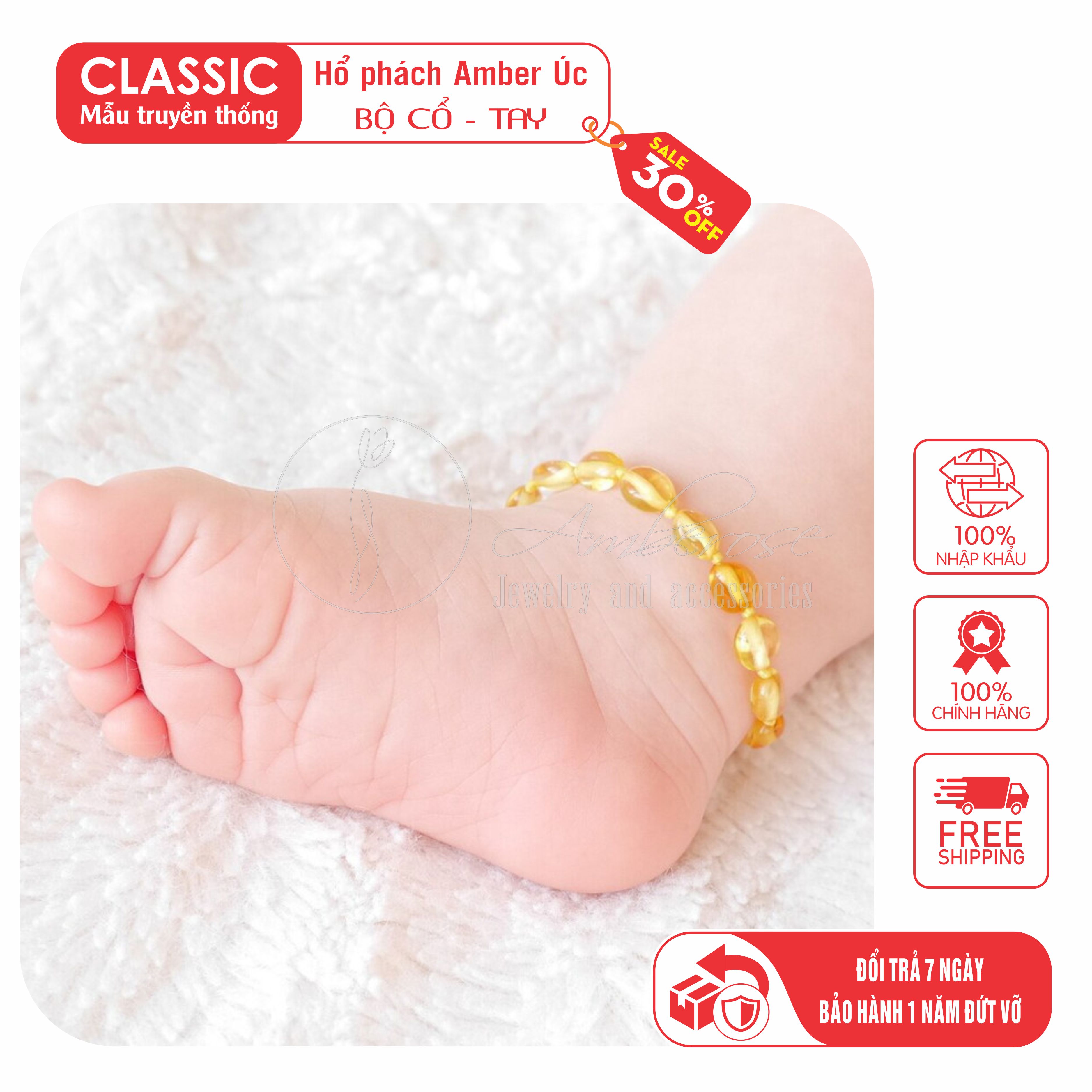 Vòng tay hổ phách amber úc cho bé từ 0-10 tuổi vtvn