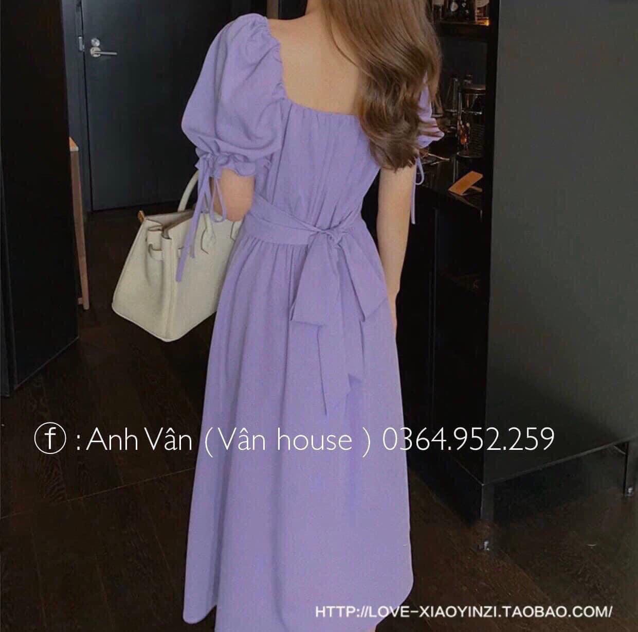 Đầm tím cổ vuông nhún ngực nơ lưng mộng mơ TTSA0444