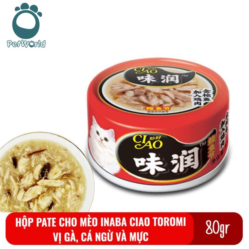 Thức ăn cho mèo pate Inaba Ciao Toromi lon 80gr vị Gà, cá ngừ và mực