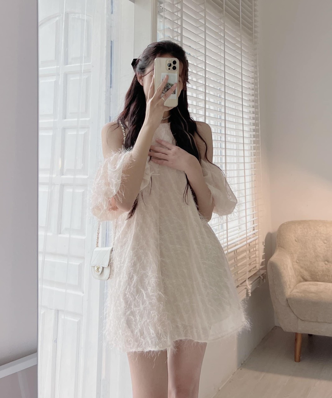 Đầm voan lông váy yếm dáng suông tiểu thư