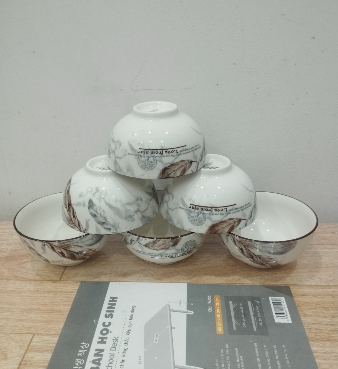 Combo 10 chén sứ , 5 chén cơm hoa văn lông vũ 11cm, chén cơm trắng 11cm, chén chấm trắng 8.5cm