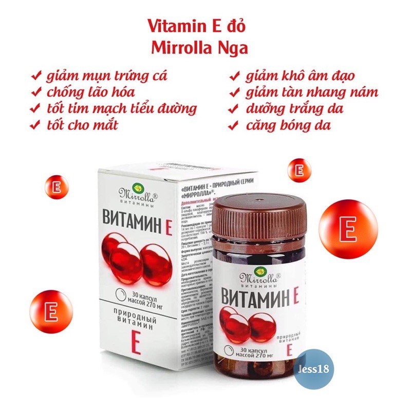 Viên uống Vitamin E Đỏ Mirrolla 270mg của Nga (Hộp 30 viên)