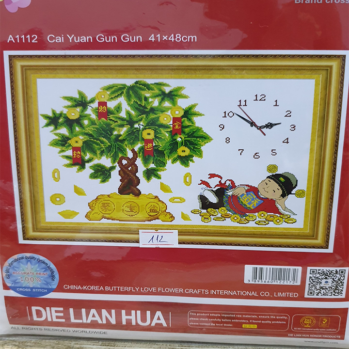Tranh thêu chữ thập cây tiền thần tài đồng hồ a1112 - kích thước 41 * 48