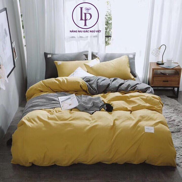 Trọn Bộ Chăn Ga Gối Cotton Tici Xuất Nhật Màu Vàng Basic, Mát Mịn