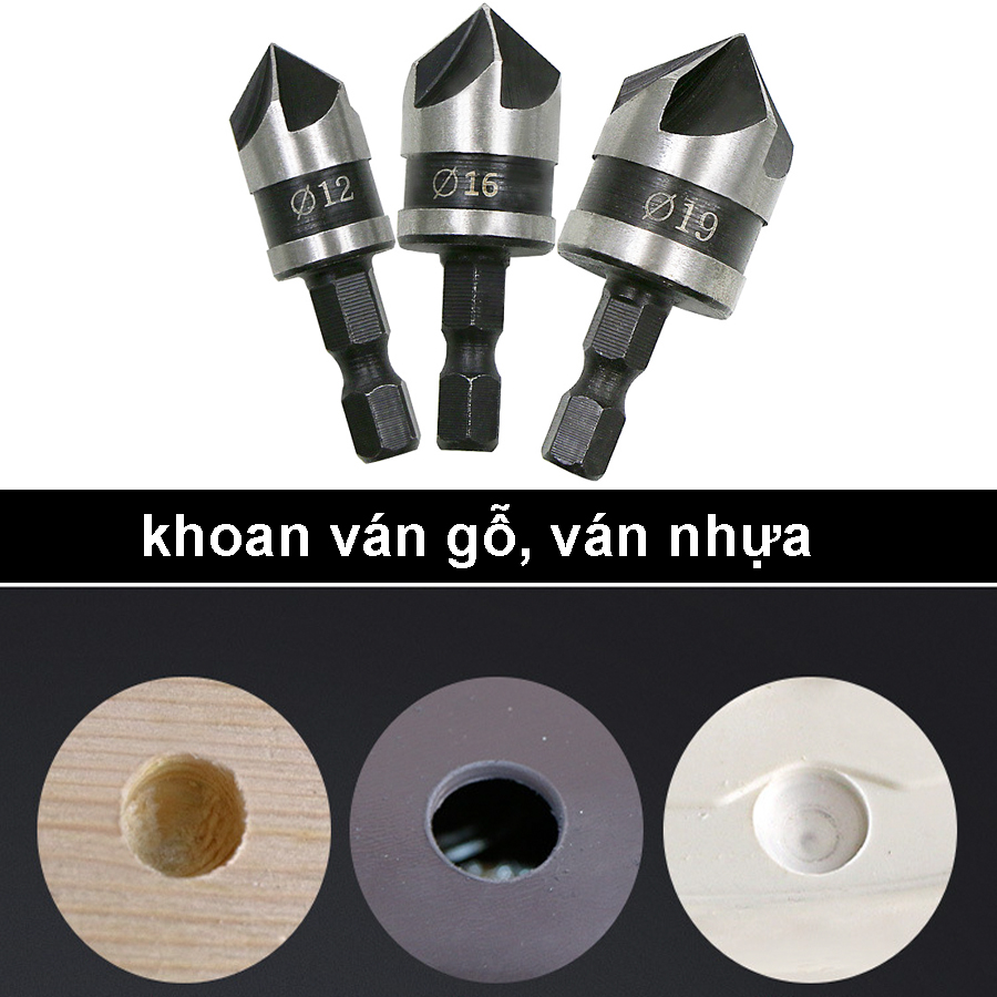 Bộ 3 mũi khoan khoét ván gỗ, ván nhựa phi 12mm, 16mm, 19mm