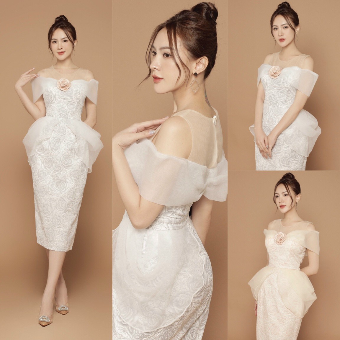 Đầm body rớt vai phối voan - YB221131