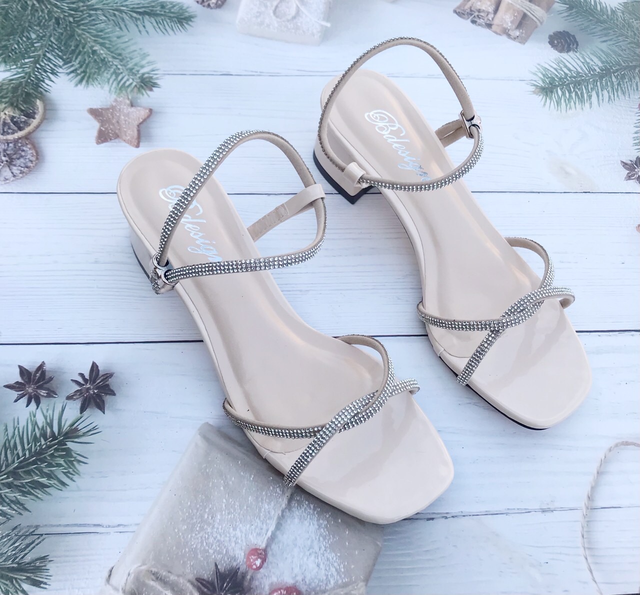 Sandal quai mảnh cao gót 5cm quai đính đá