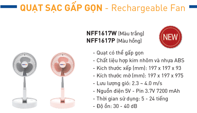 Quạt sạc gấp gọn Nanoco - NFF1617P