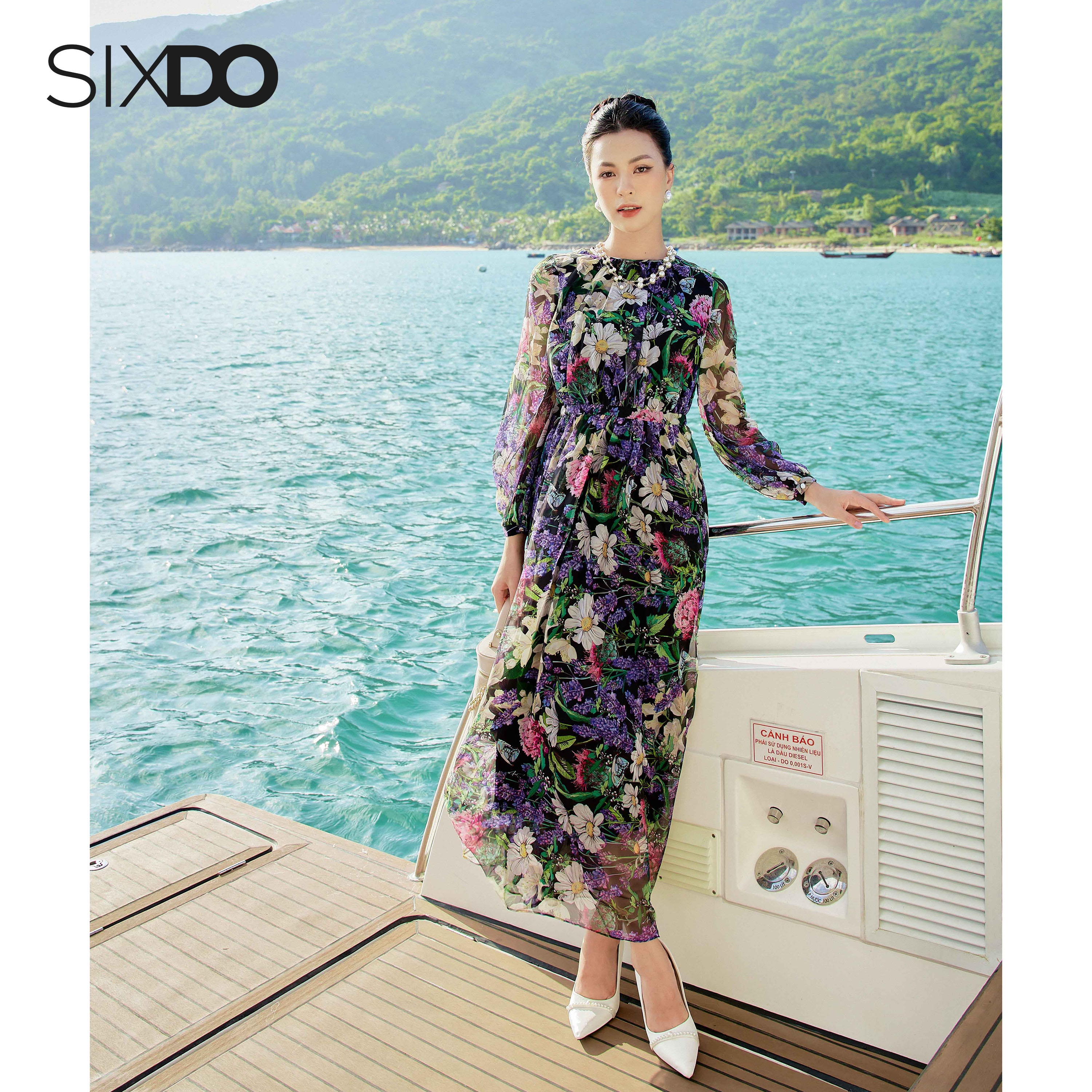 Đầm maxi voan hoa cổ tròn SIXDO