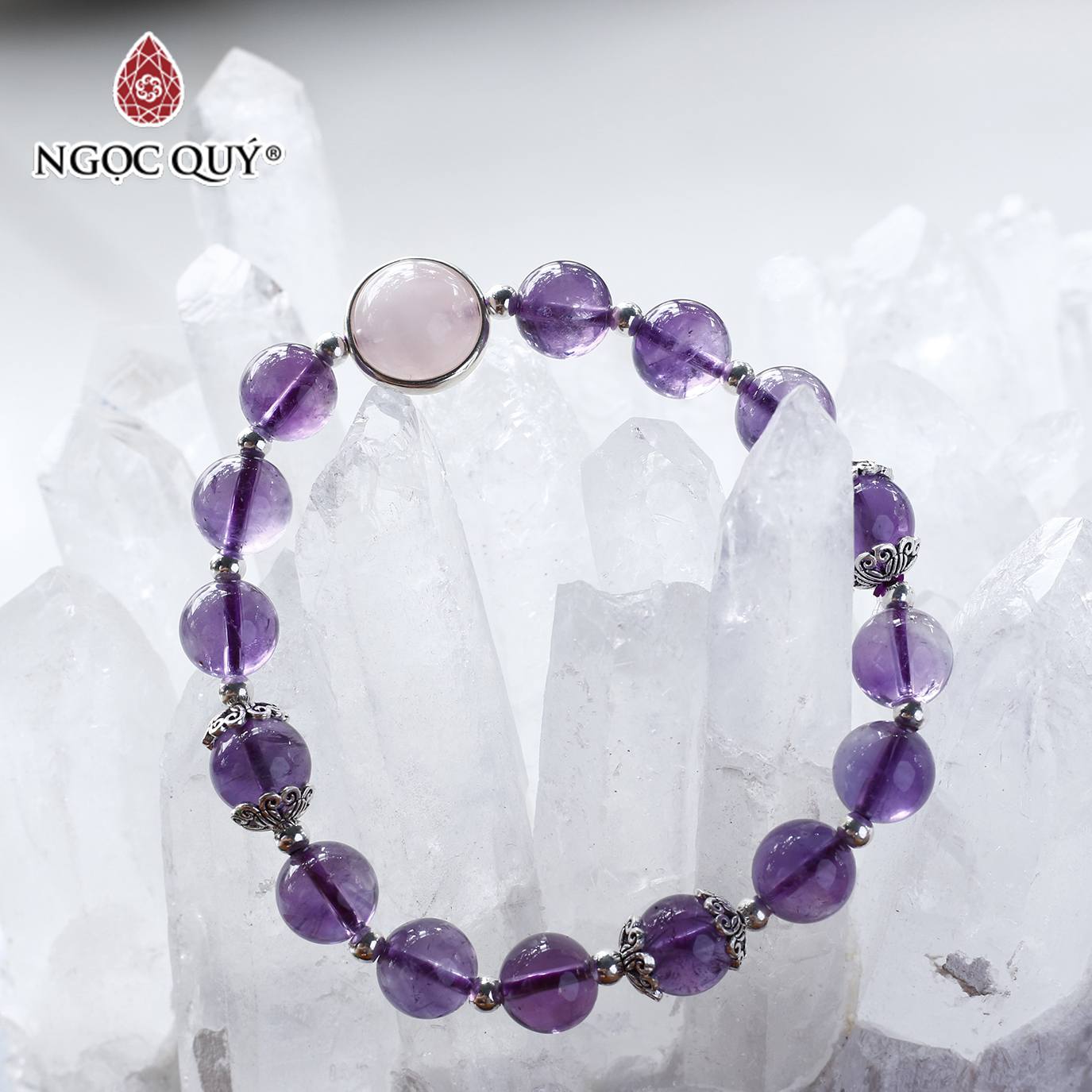 [HCM]Vòng tay đá thạch anh tím phối thạch anh hồng 8mm mệnh hỏa thổ - Ngọc Quý Gemstones