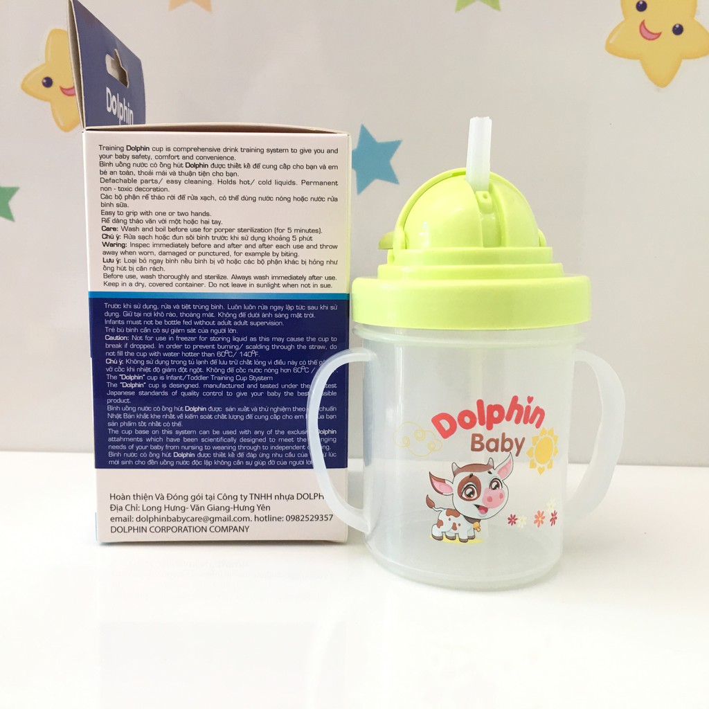 Bình Uống Nước PP Có Ống Hút Silicone Dolphin 200ml