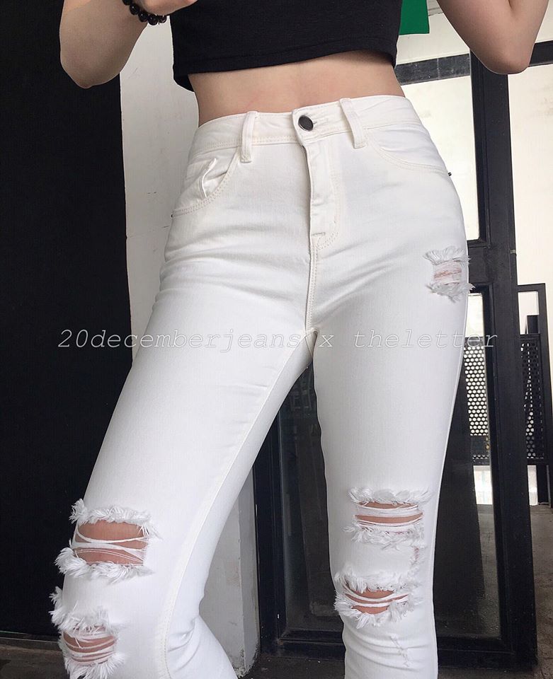 quần jean nữ trắng rách gối co giãn
