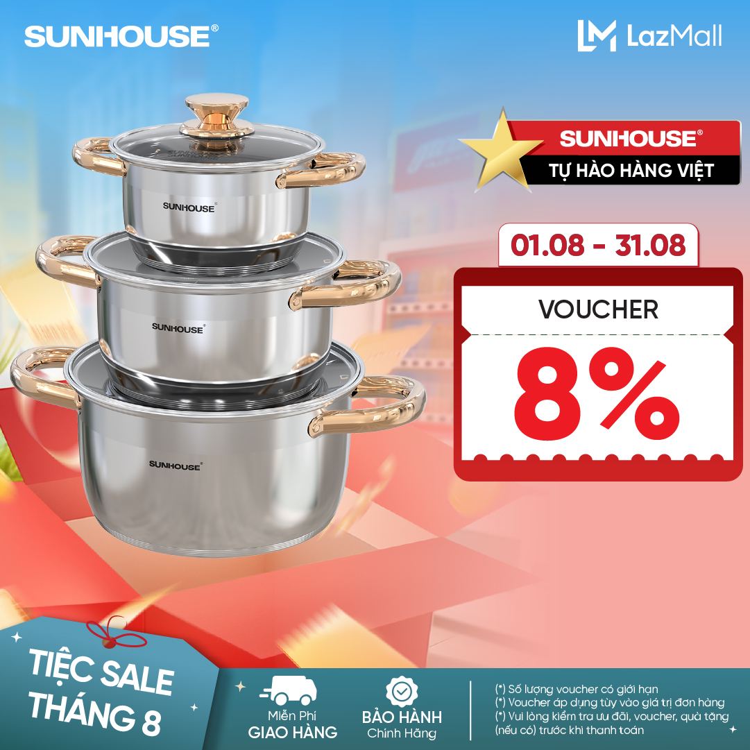 Bộ nồi inox 5 đáy SUNHOUSE SH781 - 16, 20, 24 cm tỏa nhiệt đều - Chất liệu inox an toàn - Phù hợp với mọi loại bếp - Hàng chính hãng