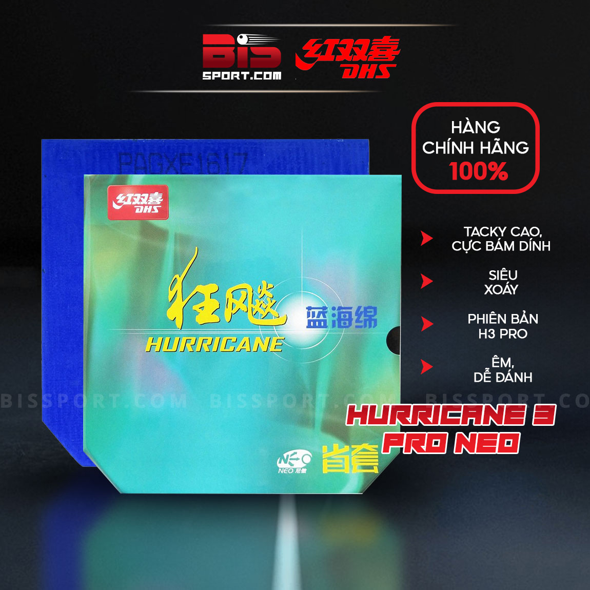 Mặt vợt bóng bàn dhs hurricane 3 pro neo tuyển tỉnh lót xanh - h3 pro neo