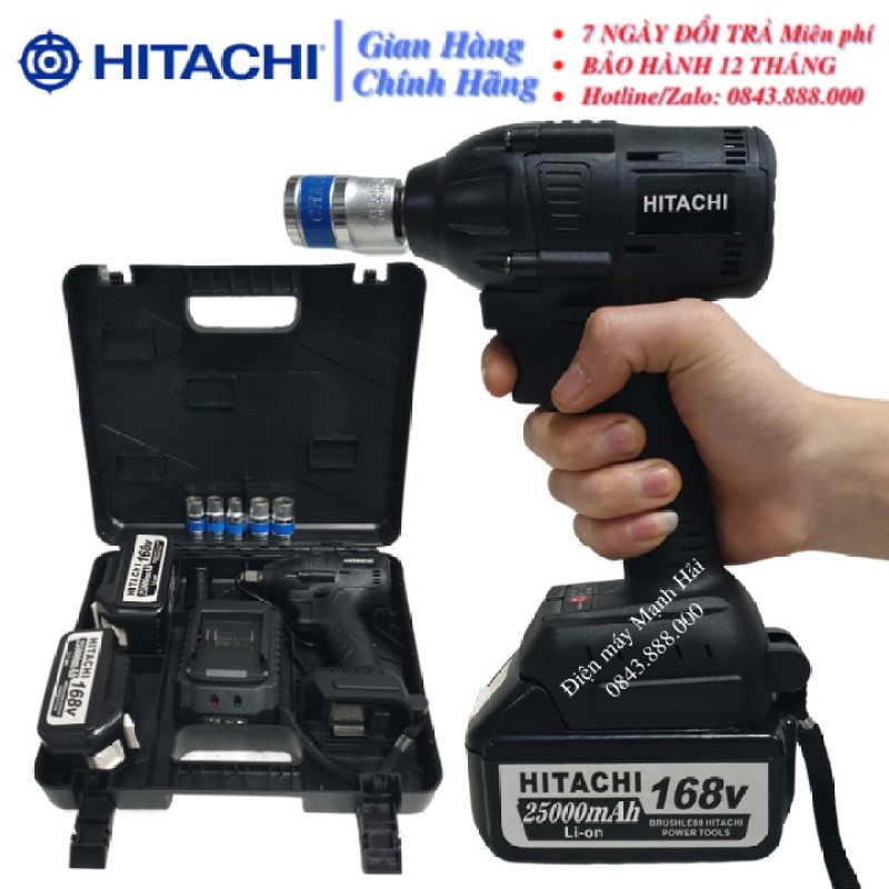 Máy siết bulong Hitachi 168v 2 pin không chổi than Hitachi 168v PIN khủng 10 Cell - Tặng Đầu chuyển vít và khẩu 22
