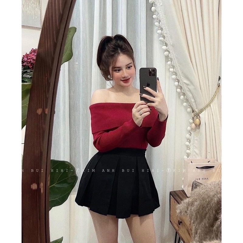 áo len dệt kim trễ vai cổ bẻ