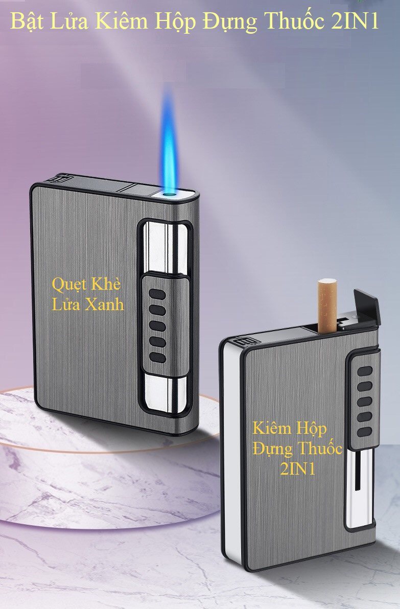 Hộp quẹt|bật lửa khè lửa xanh kiêm hộp đựng thuố.c 2in1