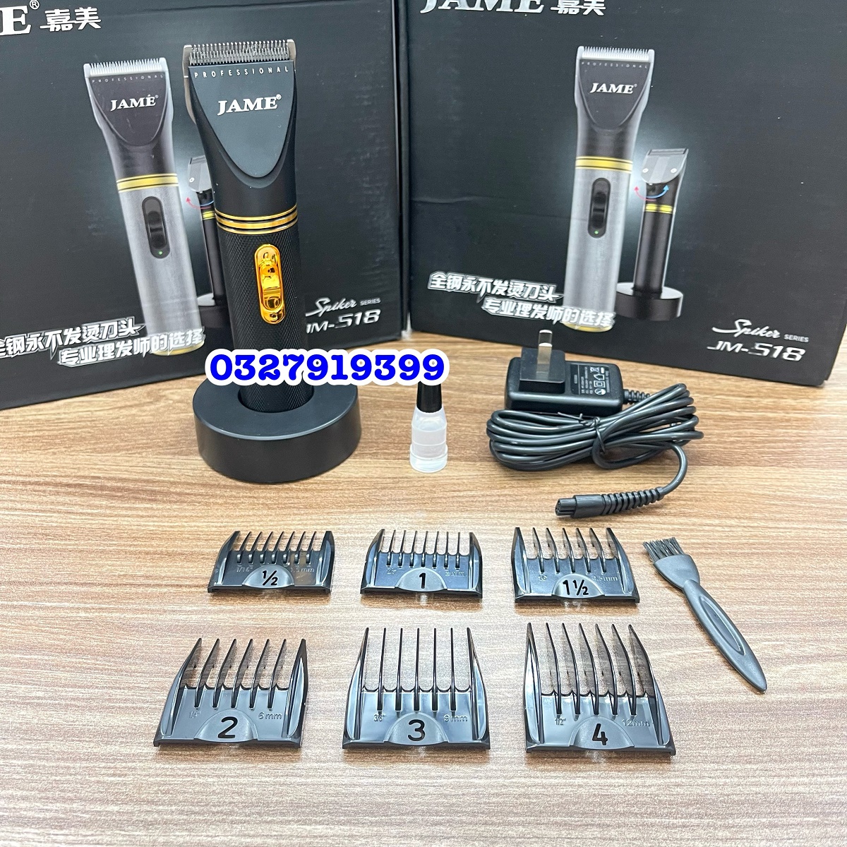 JAME Tông đơ cắt tóc chuyên nghiệp 518 màu đen pin Lithium Ion 2200mAh cốc sạc 360 độ tăng tốc độ turbo êm ái bền bỉ cho salon và tại nhà