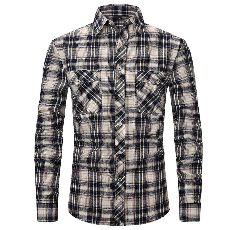 2023 Áo sơ mi vải flannel kẻ sọc thường ngày Chất liệu tơ nhân tạo cho nam Áo sơ mi dài tay hai nút in hình ngực thiết kế hai túi