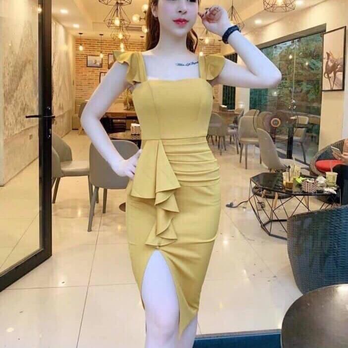 Đầm body phối bèo cổ vuông
