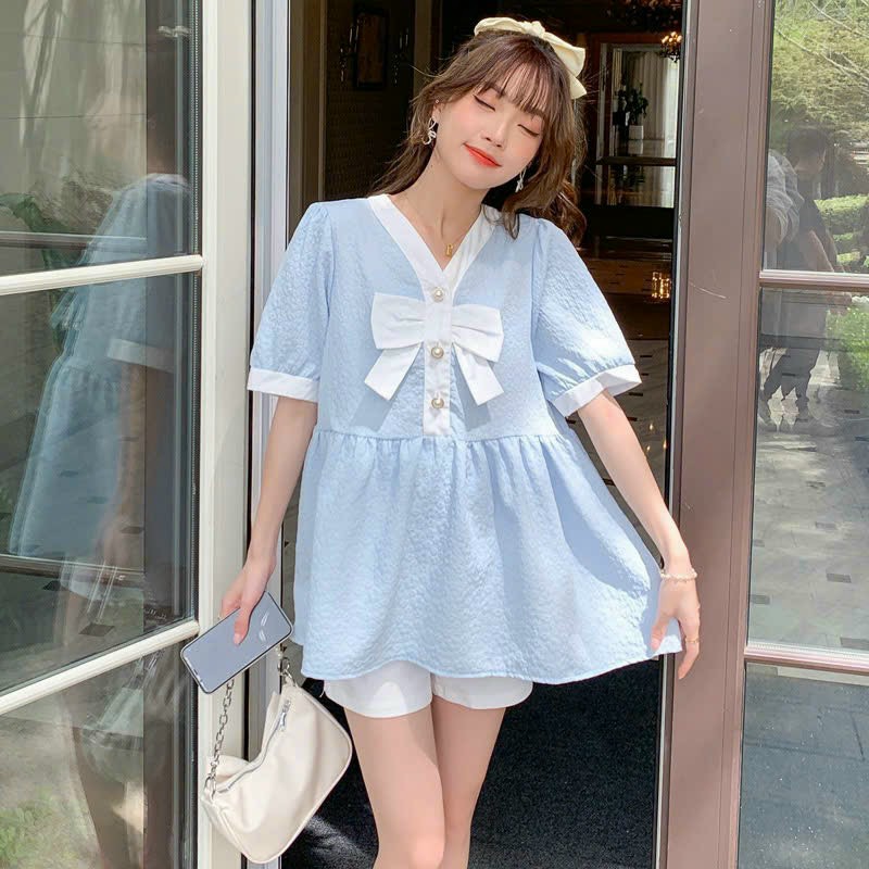 Áo bầu công sở, áo bầu cộc tay baby doll thiết kế chất côtton phối sơ mi đẹp