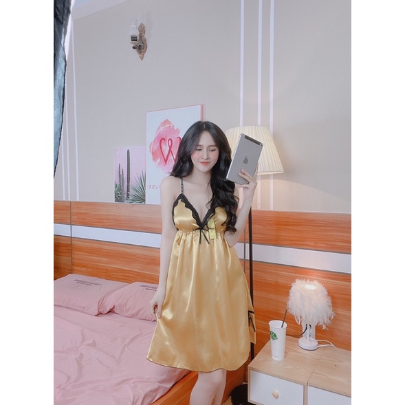 Đầm Ngủ 2 Dây- Đầm Ngủ Sexy Phi Lụa Phối Ren