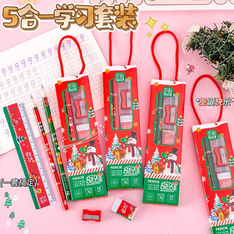 Set quà tặng học sinh noel,giáng sinh miyabi đồ dùng học tập văn phòng phẩm - set 5 món - bộ dụng cụ học tập