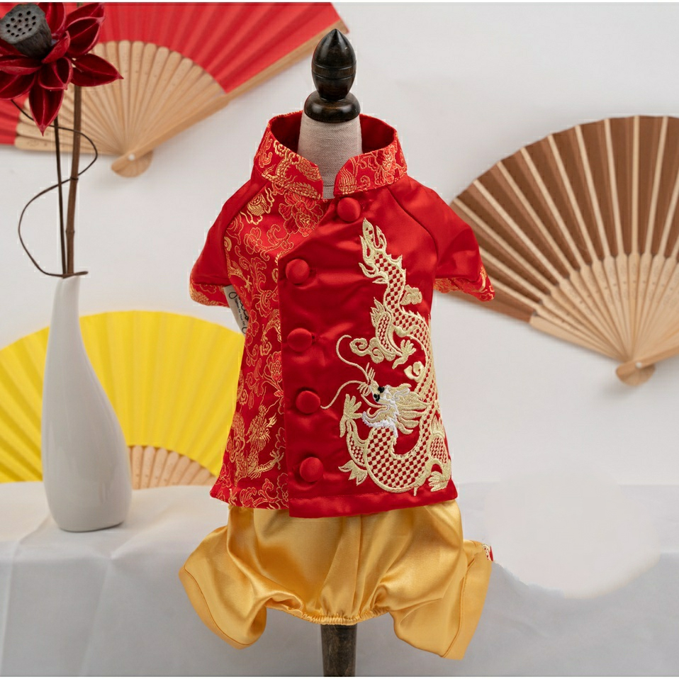 Áo dài Tết hình Rồng đỏ cho chó mèo