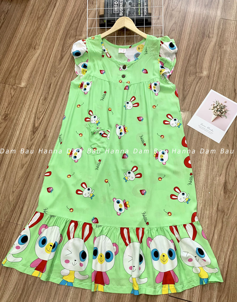 [HANNA SIZE 40-75KG ] Váy bầu mặc nhà Hanna vải tôn 2 da bền hơn mát và ít nhăn thiết kế tay cánh tiên phù hợp mặc nhà mặc đi ngủ rất thoải mái