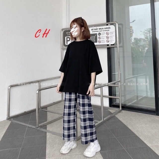 Sét áo thụng trơn + quần kẻ đen CH12, áo kiểu nữ, áo thun nam nữ, quần khaki, quần nữ, sét bộ mặc ở nhà, áo thun tay dài, quần jean ống rộng- TIMON