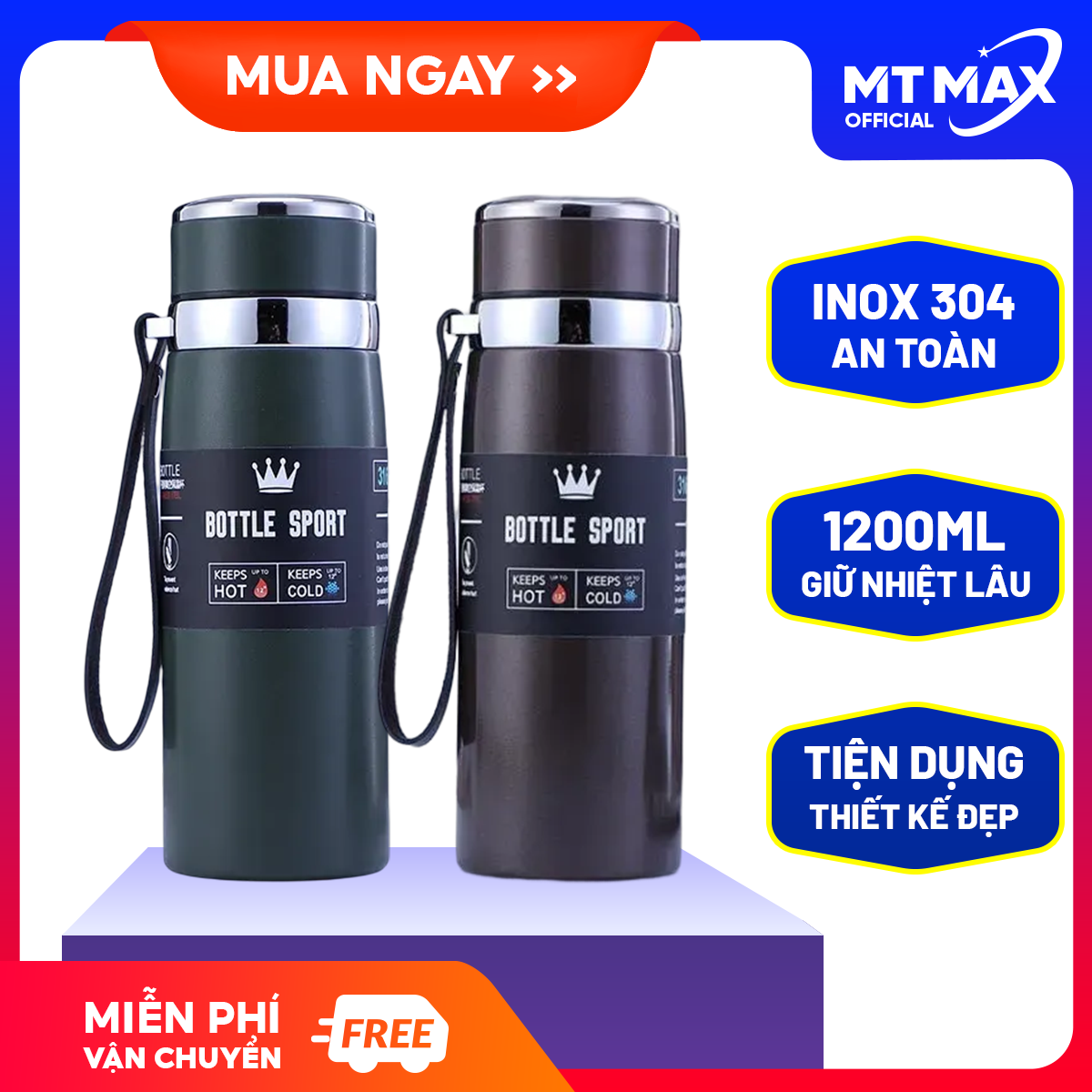 Bình giữ nhiệt inox cao cấp dung tích 1200ml, Bình nước giữ nhiệt, Bình giữ nhiệt 1 lít, Ly giữ nhiệt inox