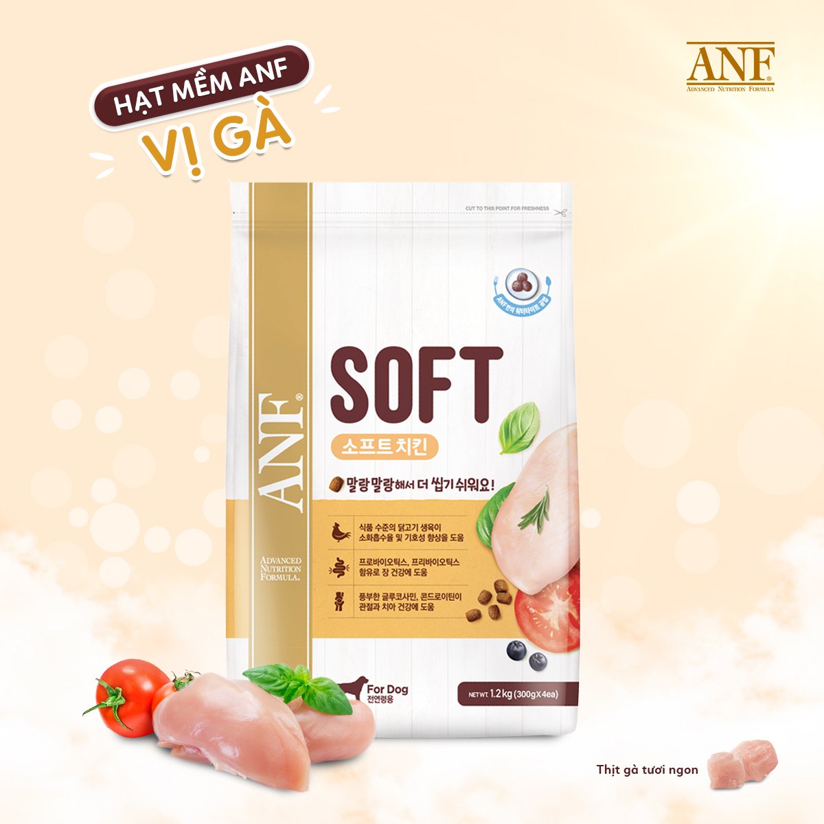 Thức Ăn Hạt Mềm ANF SOFT Cho Chó Mọi Lứa Tuổi Dễ Tuôi Hoá Từ Hàn Quốc - Vị Thịt Gà/Cá Hồi 1.2kg