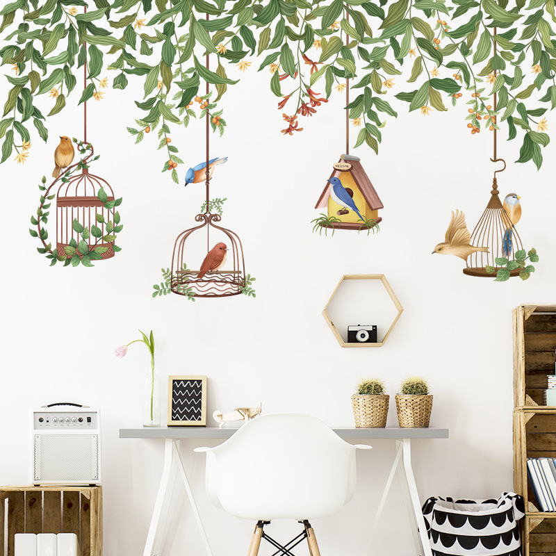 Decal dán tường cành lá lồng chim bắc âu