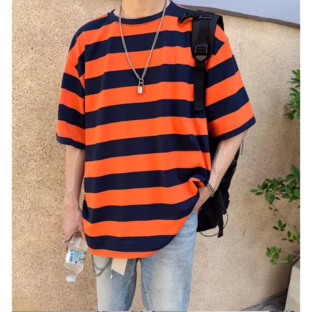 Áo thun stee sọc ngang cam mix xanh đen unisex