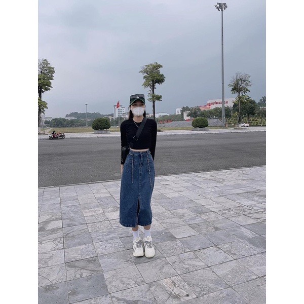 CHÂN VÁY BÒ DENIM TÚI CƠI XẺ TRƯỚC #913