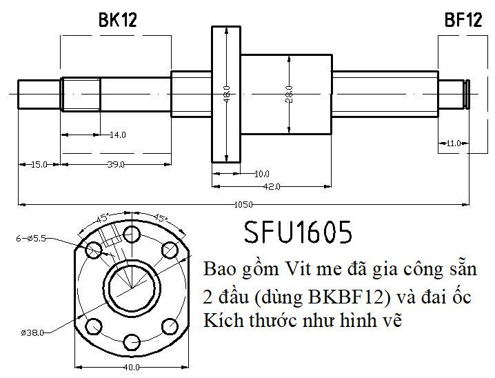 Vít me đai ốc bi 1605 dài 1050mm