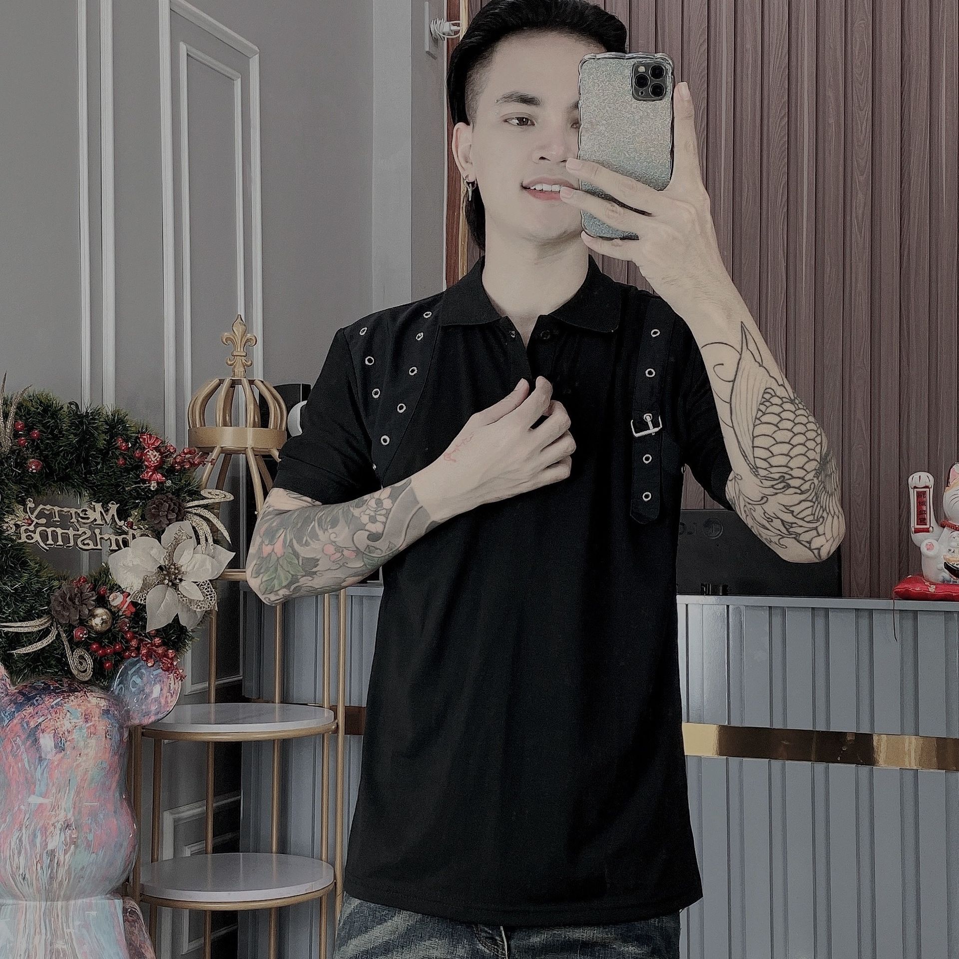 Áo thun nam cổ trụ thêu họa tiết chuẩn shop thời trang cao cấp