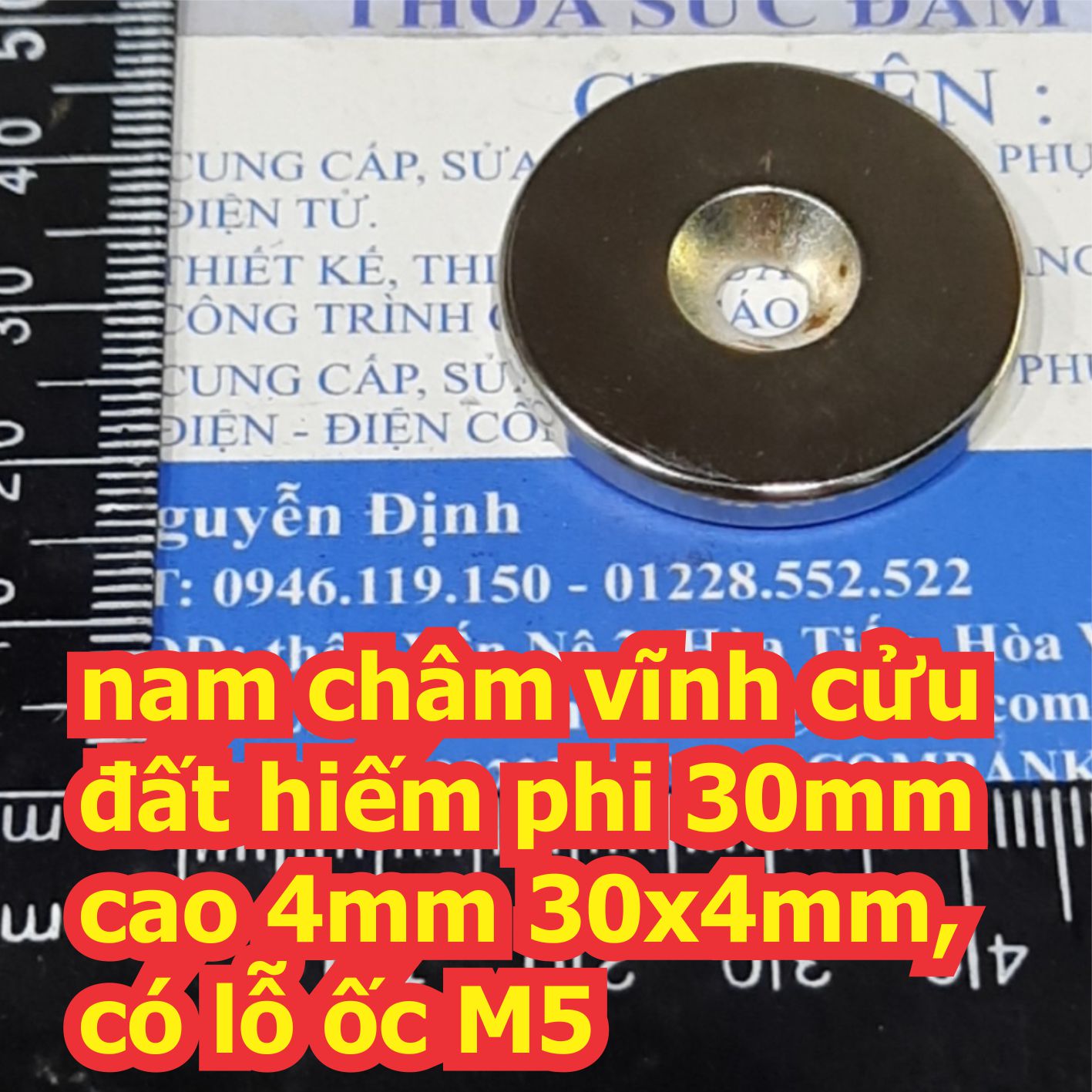 nam châm vĩnh cửu, nam châm đất hiếm tròn phi 30mm cao 4mm 30x4mm, có lỗ ốc M5 kde6678