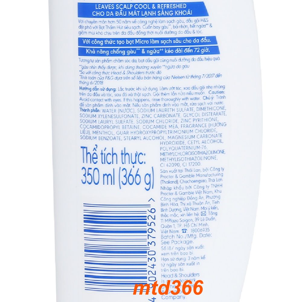 Dầu Gội Đầu 350ml Head & Shoulders Bạc Hà Mát Lạnh