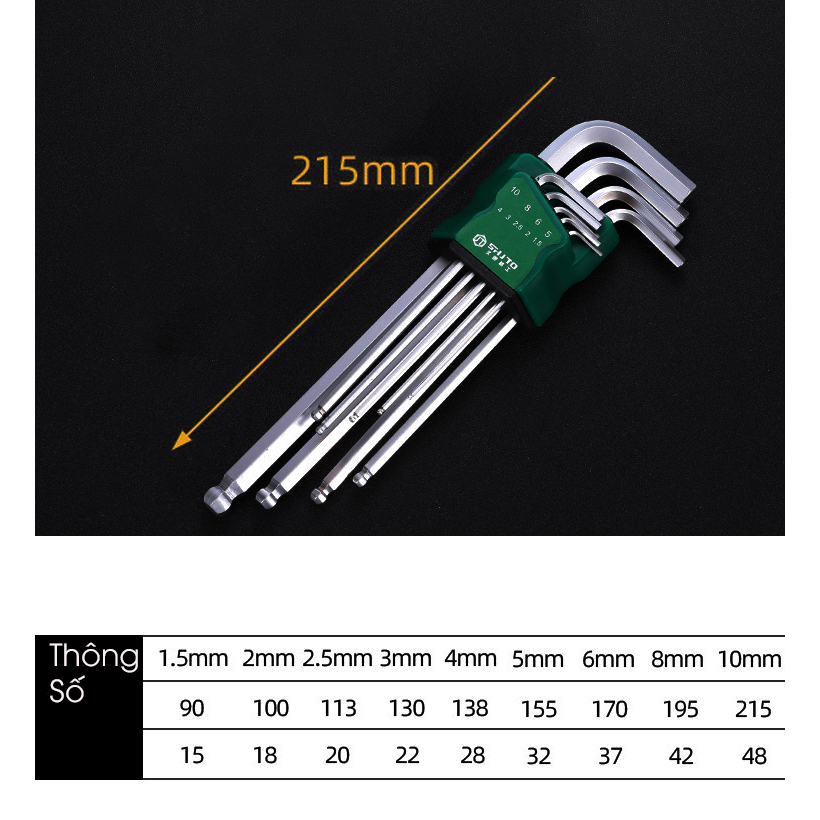 Lục giác bi - Một bộ 9 cây - Thép CRV mạ kẽm bóng - Sản phẩm thiết yếu trong việc vặn ốc vít bu long