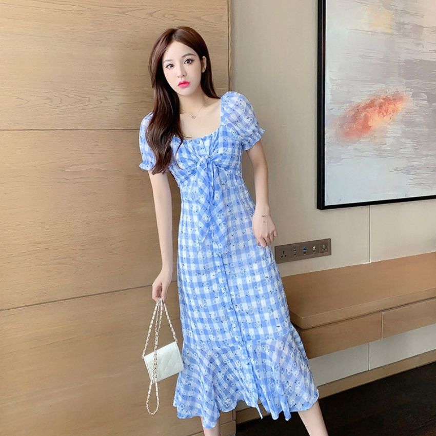 Váy Đuôi Cá , Đầm Hoa Nhí Kẻ Caro Cổ Vuong Trễ Vai Dáng Dài , Vải Voan 2 Lớp Phong Cách Hàn Quốc TẶNG KÈM phụ kiện xinh