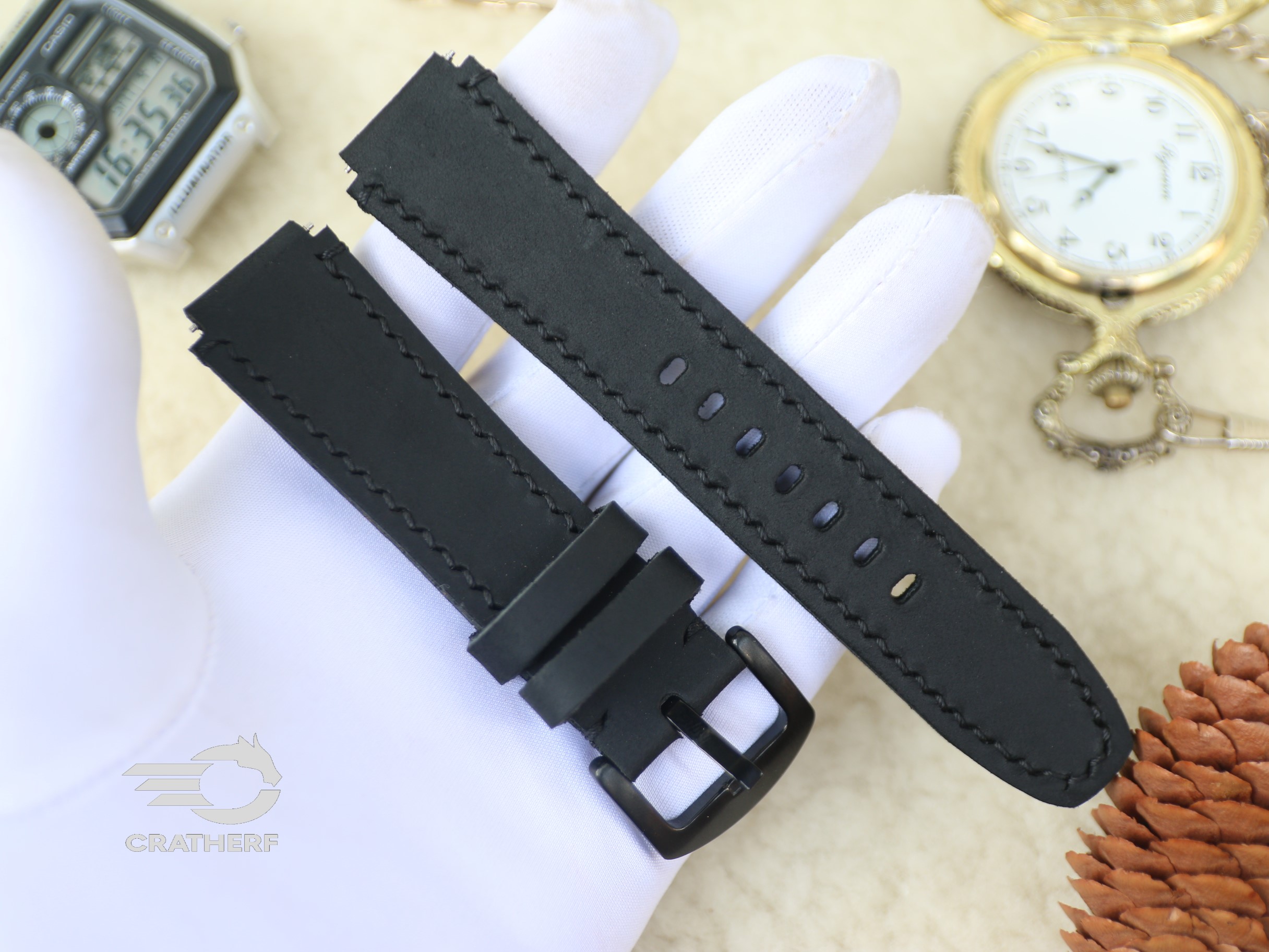Dây da thay thế đồng hồ Casio AE1200 da bò sáp handmade